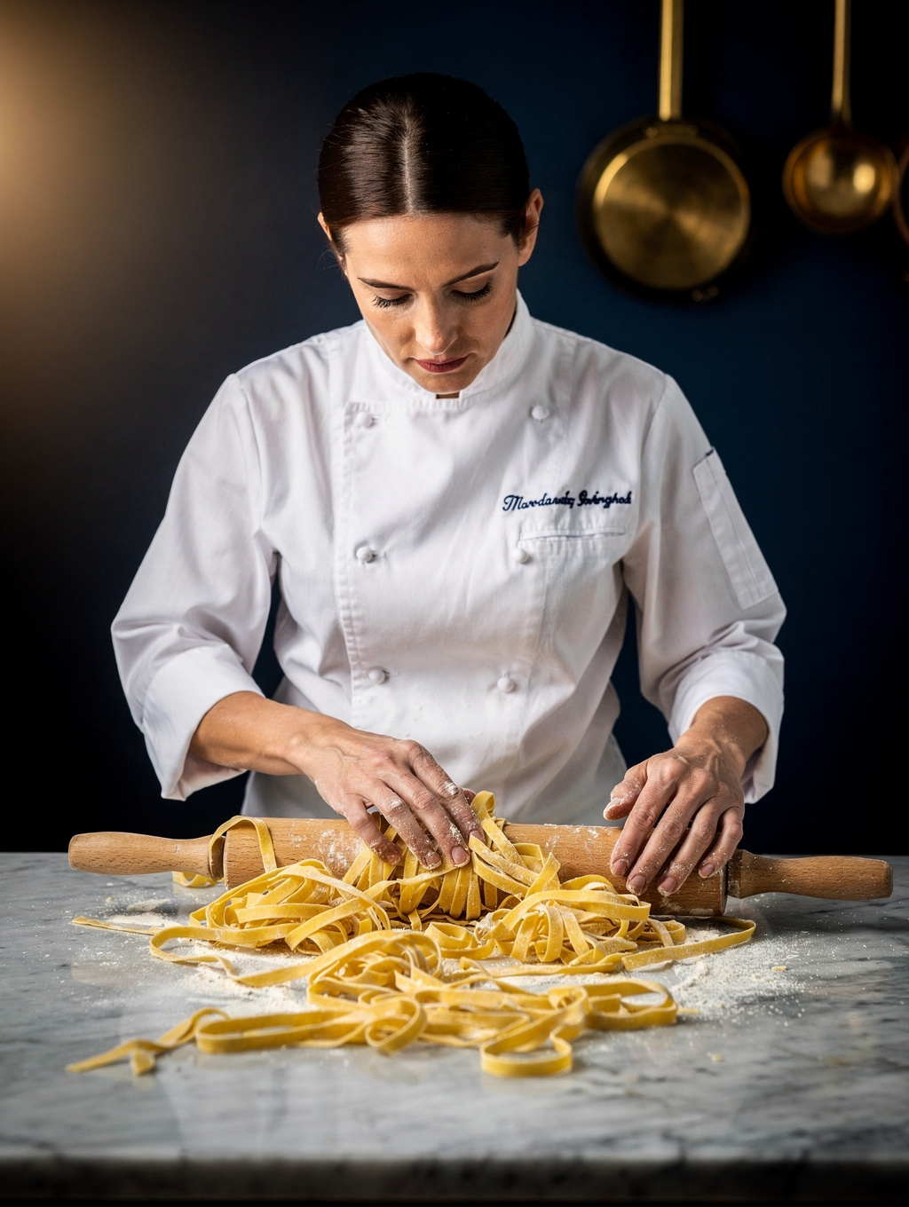 Head Pasta Artisan Elena Conti dusting artisanal dough with flour