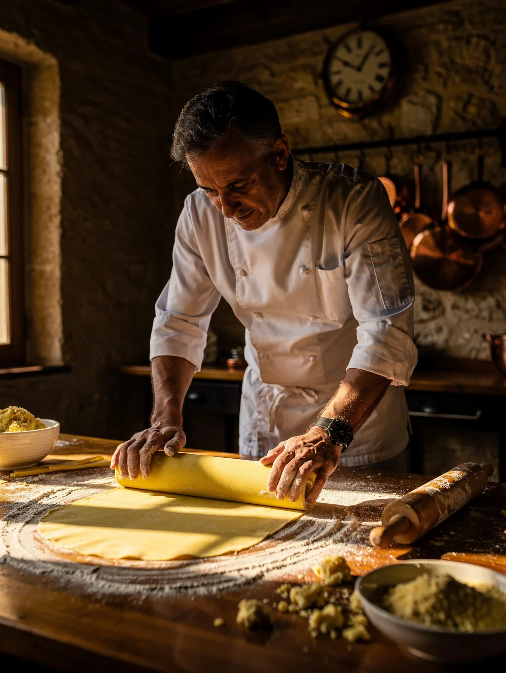 Chef preparing fresh hand-rolled pasta in our open kitchen